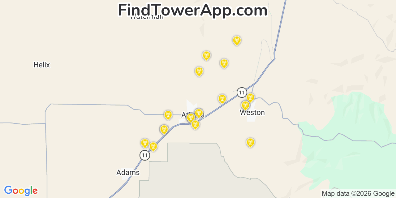 Map showing the 20 primary cell tower locations detected in Athena, Oregon from AT&T, Verizon, and T-Mobile networks