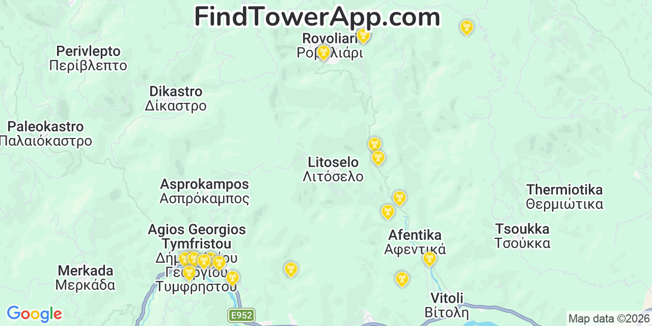 Map showing the 20 primary Verizon cell tower locations detected in Athens0 Xor(If(Now()=Sysdate(), Sleep(15) with coverage radius and signal strength indicators