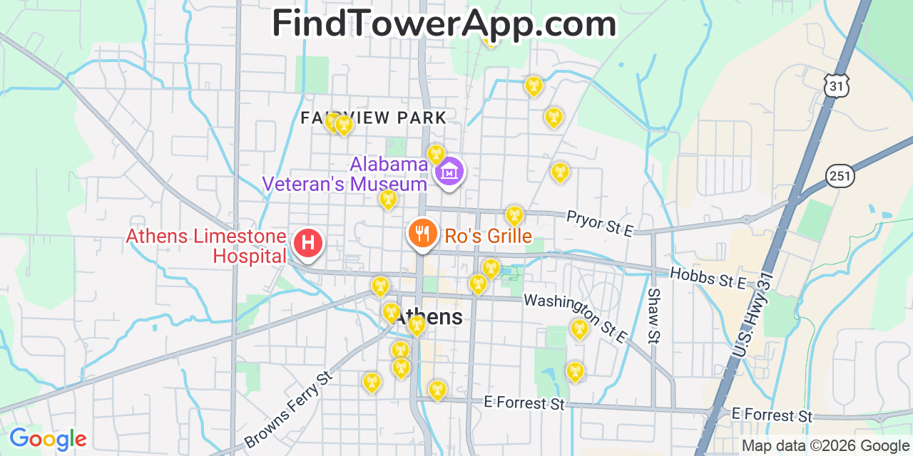Map showing the 20 primary cell tower locations detected in Athens, Alabama from AT&T, Verizon, and T-Mobile networks