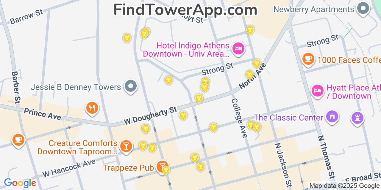 Map showing the 20 primary cell tower locations detected in Athens, Georgia from AT&T, Verizon, and T-Mobile networks