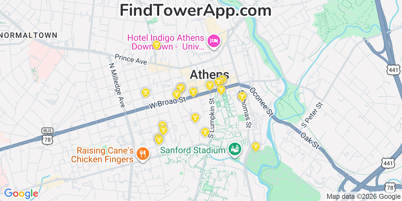 Map showing the 20 primary cell tower locations detected in Athens, Georgia from AT&T, Verizon, and T-Mobile networks