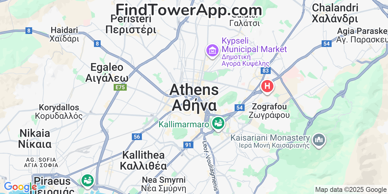 Map showing the 0 primary Cosmote cell tower locations detected in Athens, Greece with coverage radius and signal strength indicators