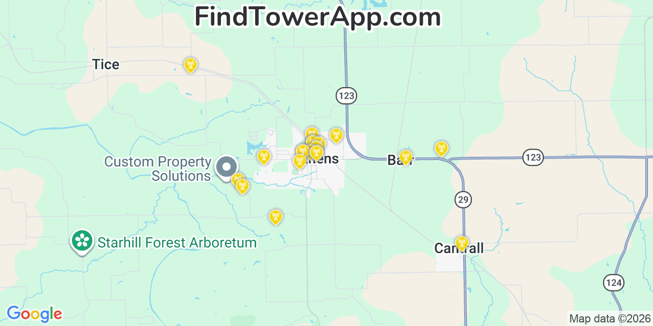 Map showing the 20 primary cell tower locations detected in Athens, Illinois from AT&T, Verizon, and T-Mobile networks