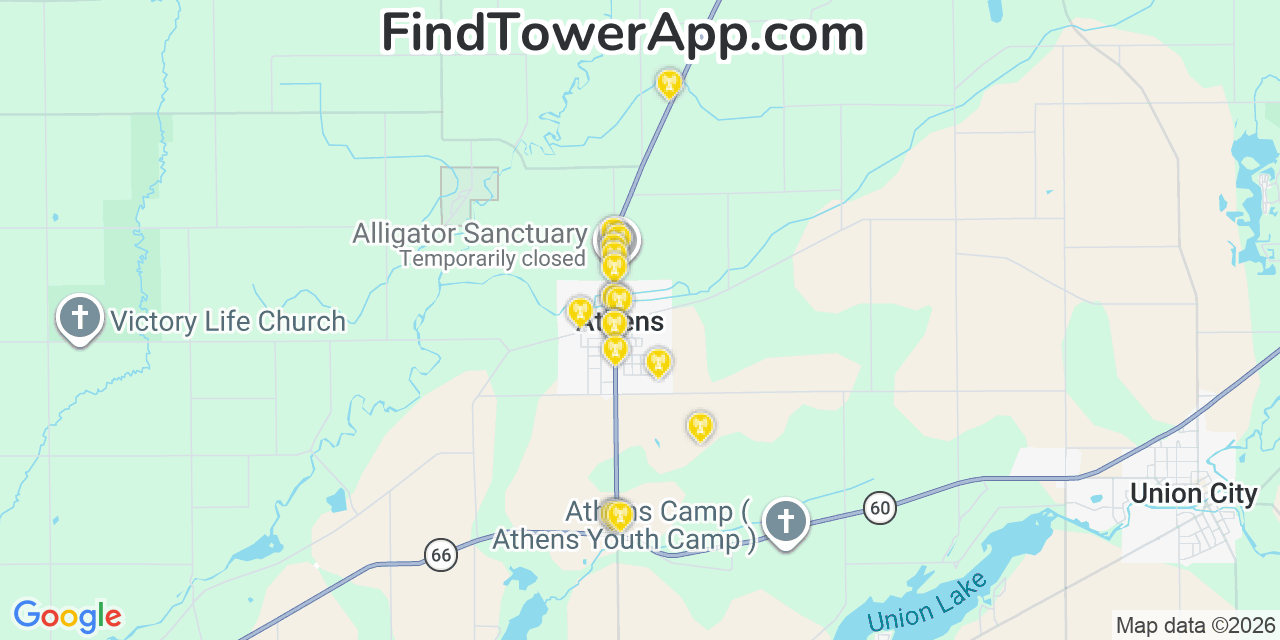 Map showing the 20 primary cell tower locations detected in Athens, Michigan from AT&T, Verizon, and T-Mobile networks
