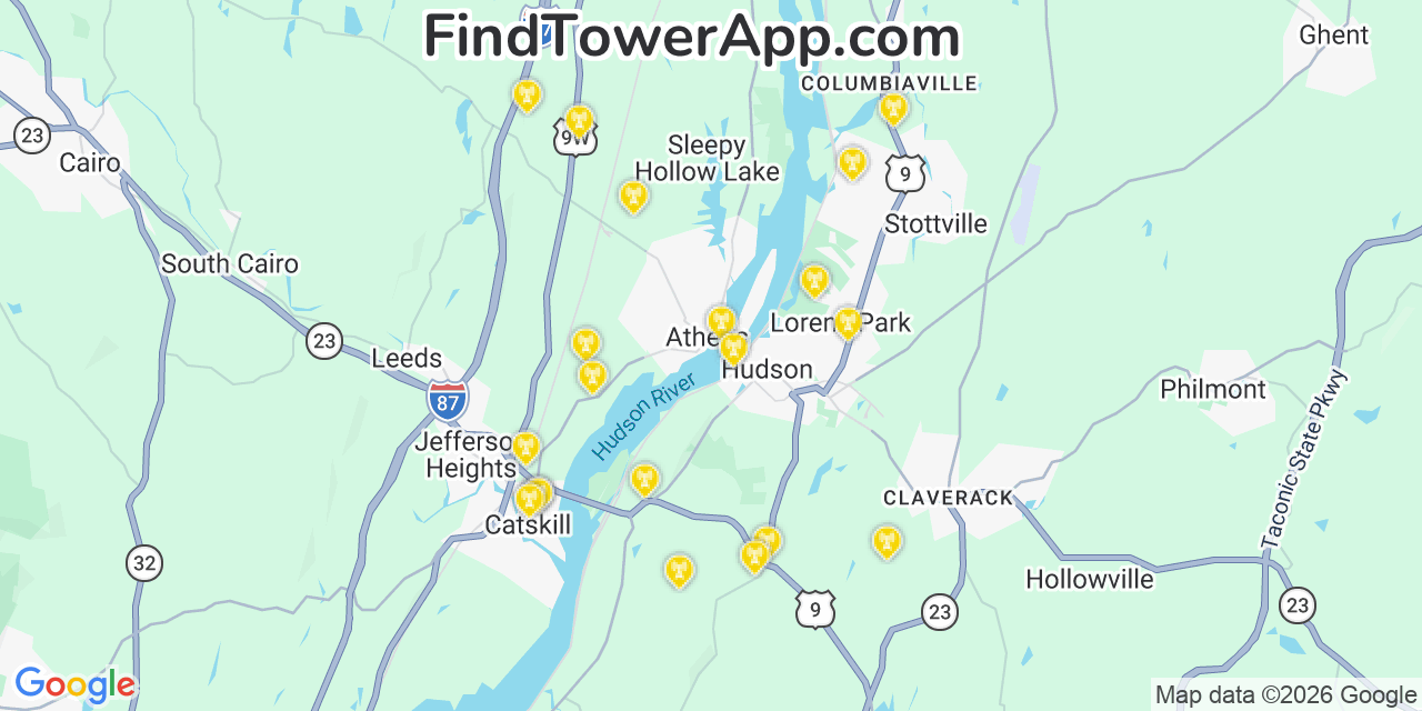 Map showing the 20 primary cell tower locations detected in Athens, New York from AT&T, Verizon, and T-Mobile networks