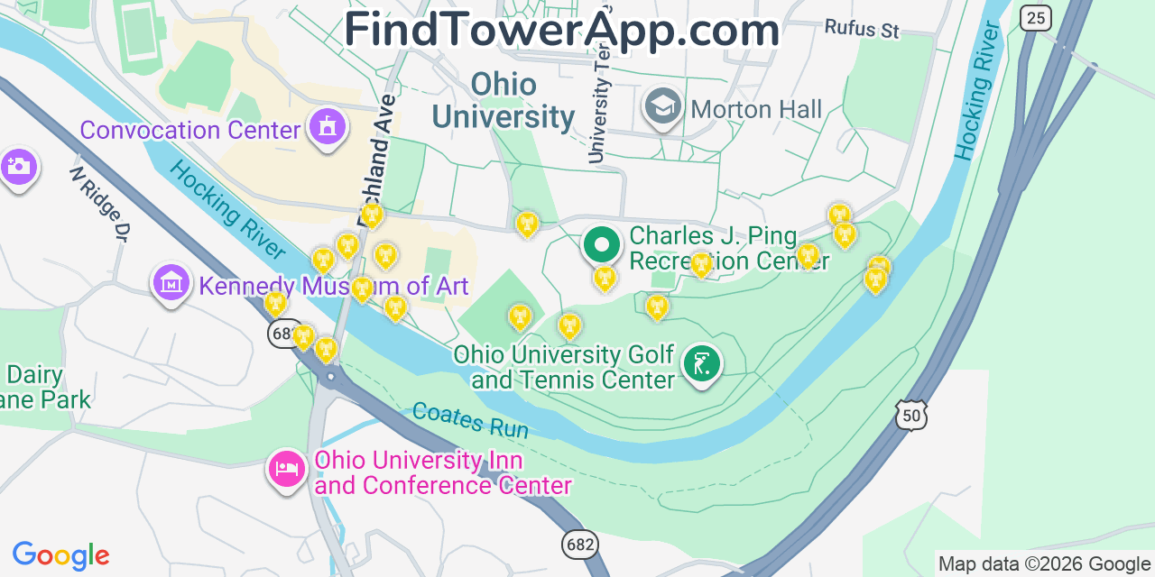 Map showing the 20 primary cell tower locations detected in Athens, Ohio from AT&T, Verizon, and T-Mobile networks