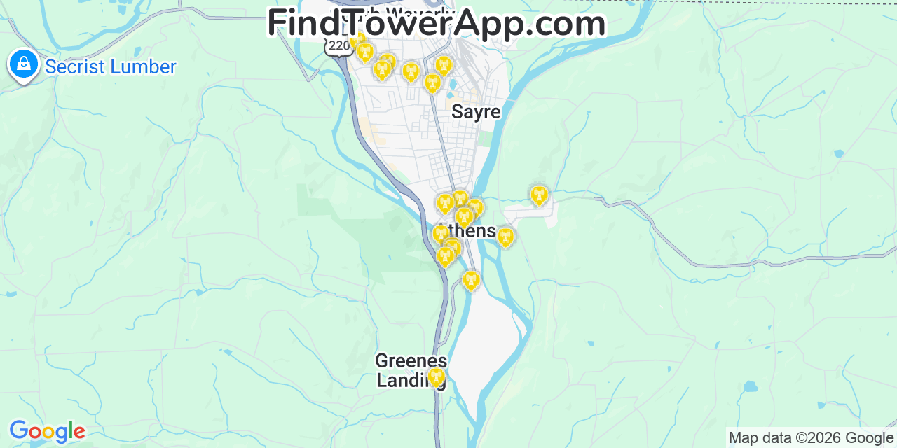 Map showing the 20 primary cell tower locations detected in Athens, Pennsylvania from AT&T, Verizon, and T-Mobile networks
