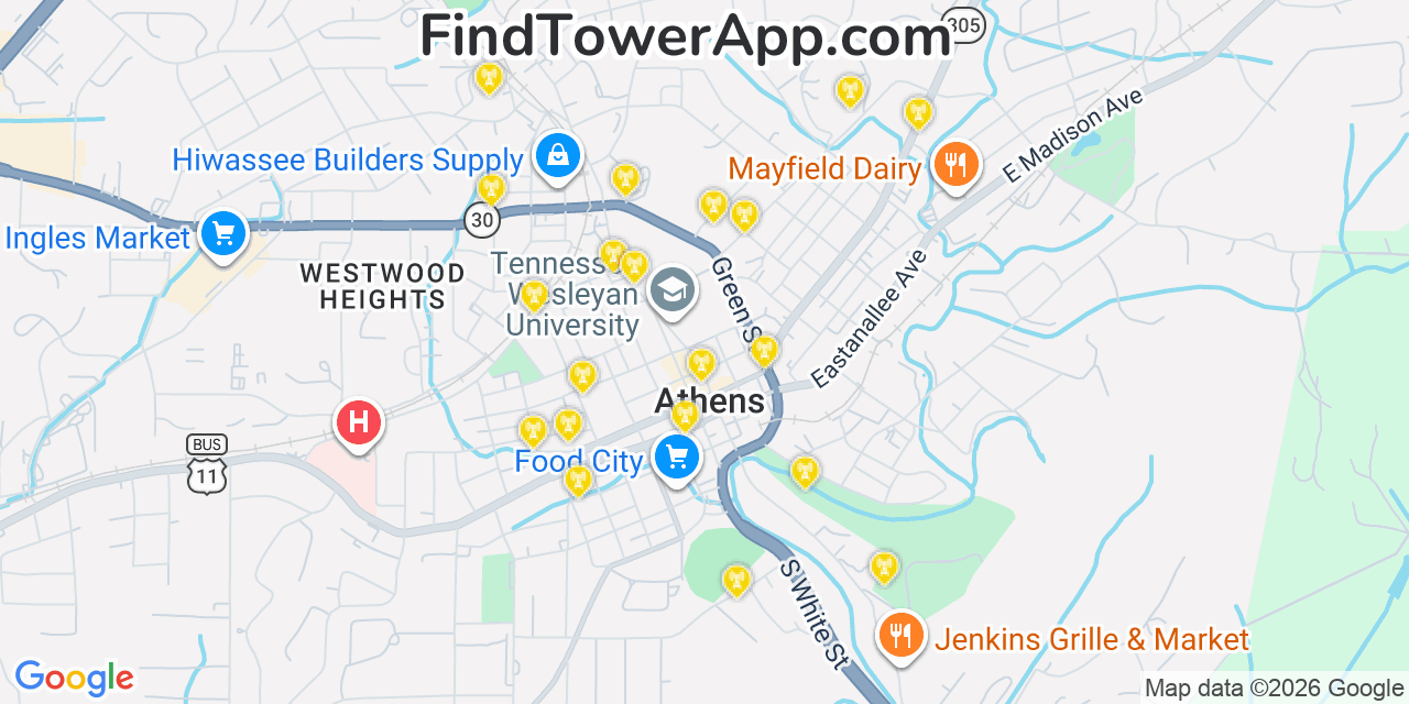 Map showing the 20 primary cell tower locations detected in Athens, Tennessee from AT&T, Verizon, and T-Mobile networks