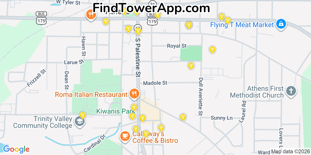 Map showing the 20 primary cell tower locations detected in Athens, Texas from AT&T, Verizon, and T-Mobile networks