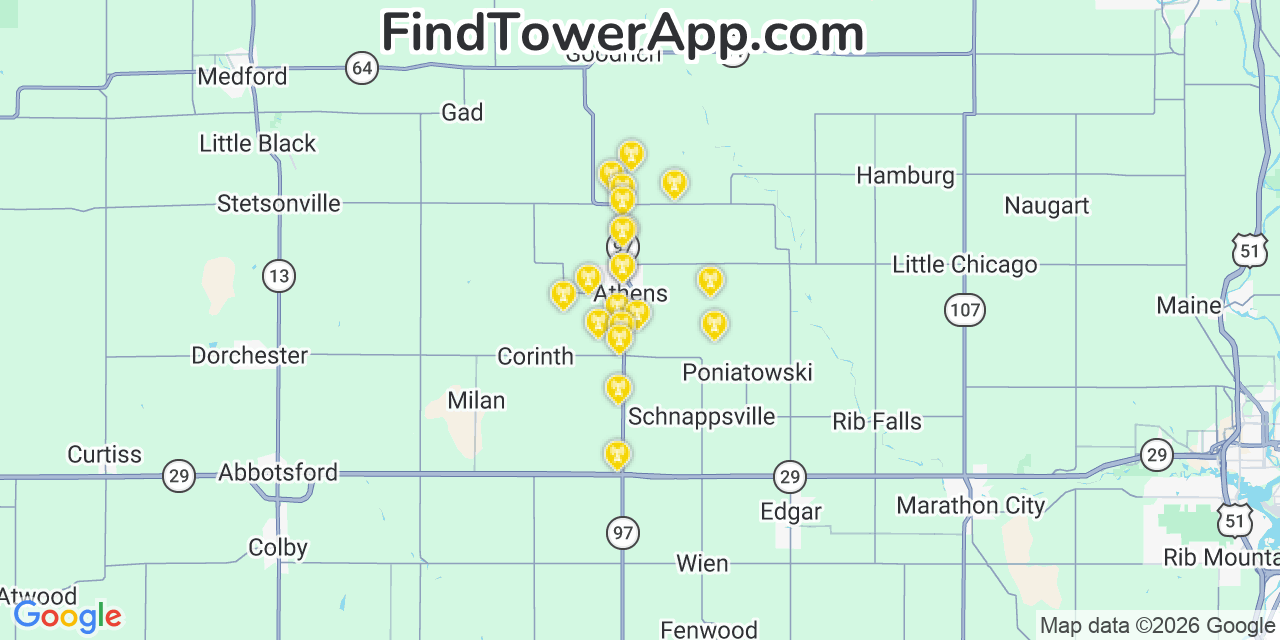 Map showing the 20 primary cell tower locations detected in Athens, Wisconsin from AT&T, Verizon, and T-Mobile networks