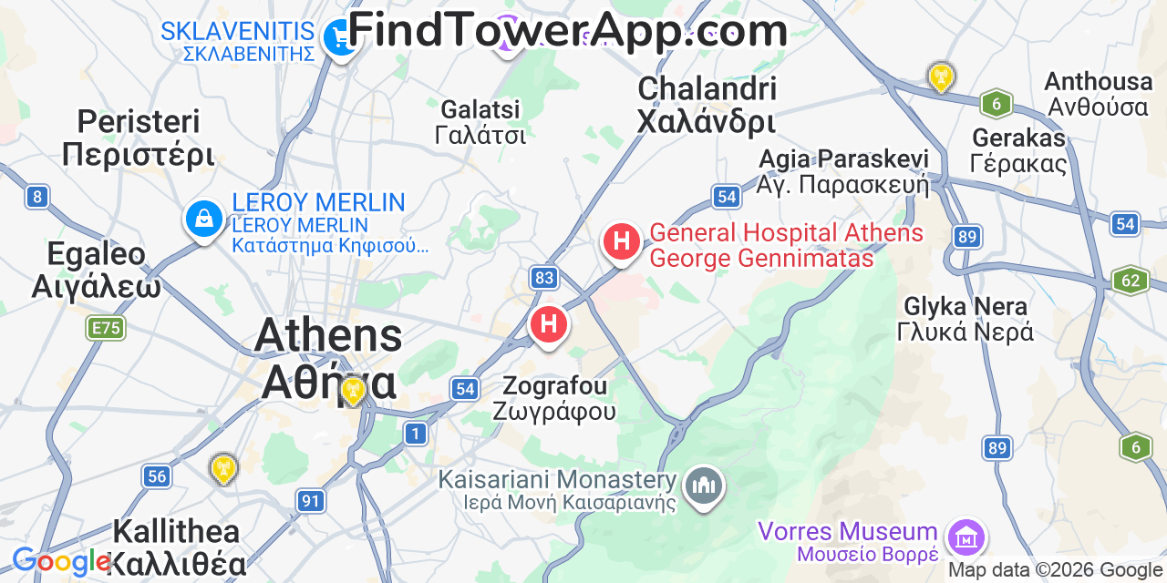 Map showing the 20 primary AT&T cell tower locations detected in Athens, @@Be5Ql with coverage radius and signal strength indicators