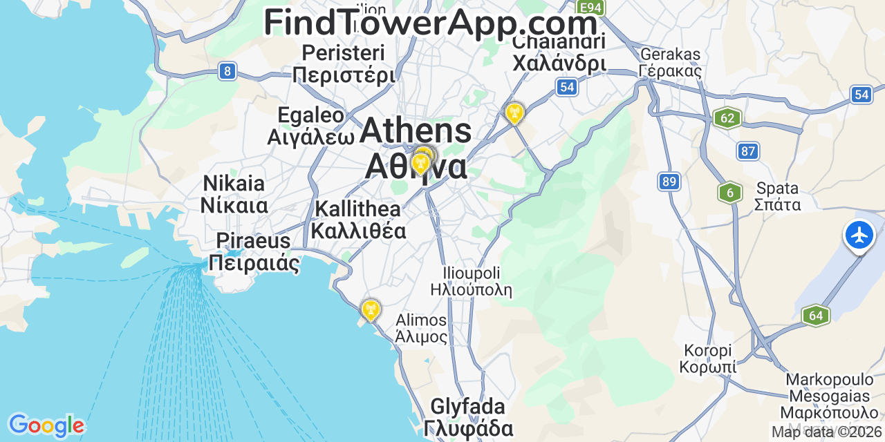 Map showing the 21 primary Verizon cell tower locations detected in Athens, @@Be5Ql with coverage radius and signal strength indicators