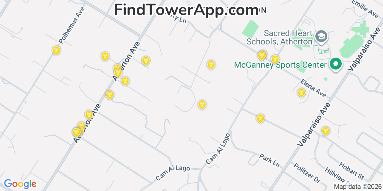 Map showing the 20 primary cell tower locations detected in Atherton, California from AT&T, Verizon, and T-Mobile networks