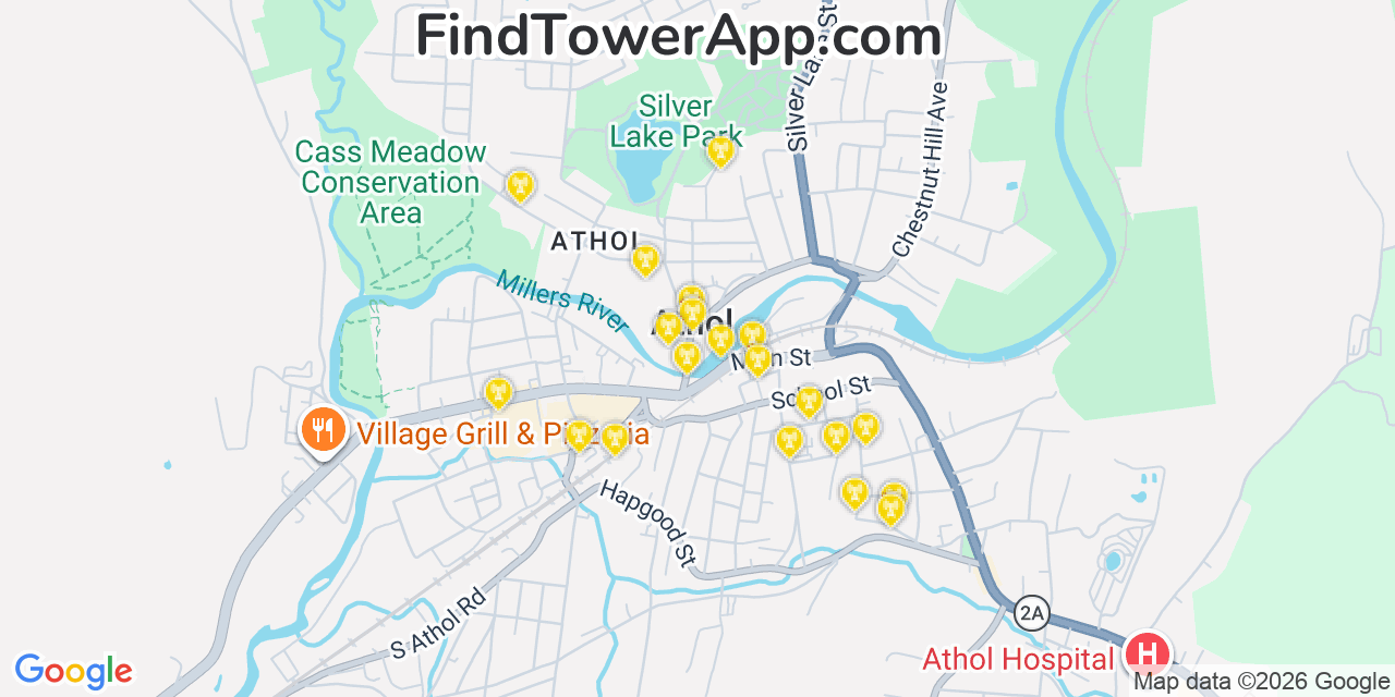 Map showing the 20 primary cell tower locations detected in Athol, Massachusetts from AT&T, Verizon, and T-Mobile networks