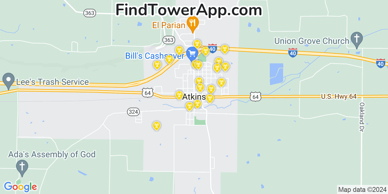 AT&T 4G/5G cell tower coverage map Atkins, Arkansas