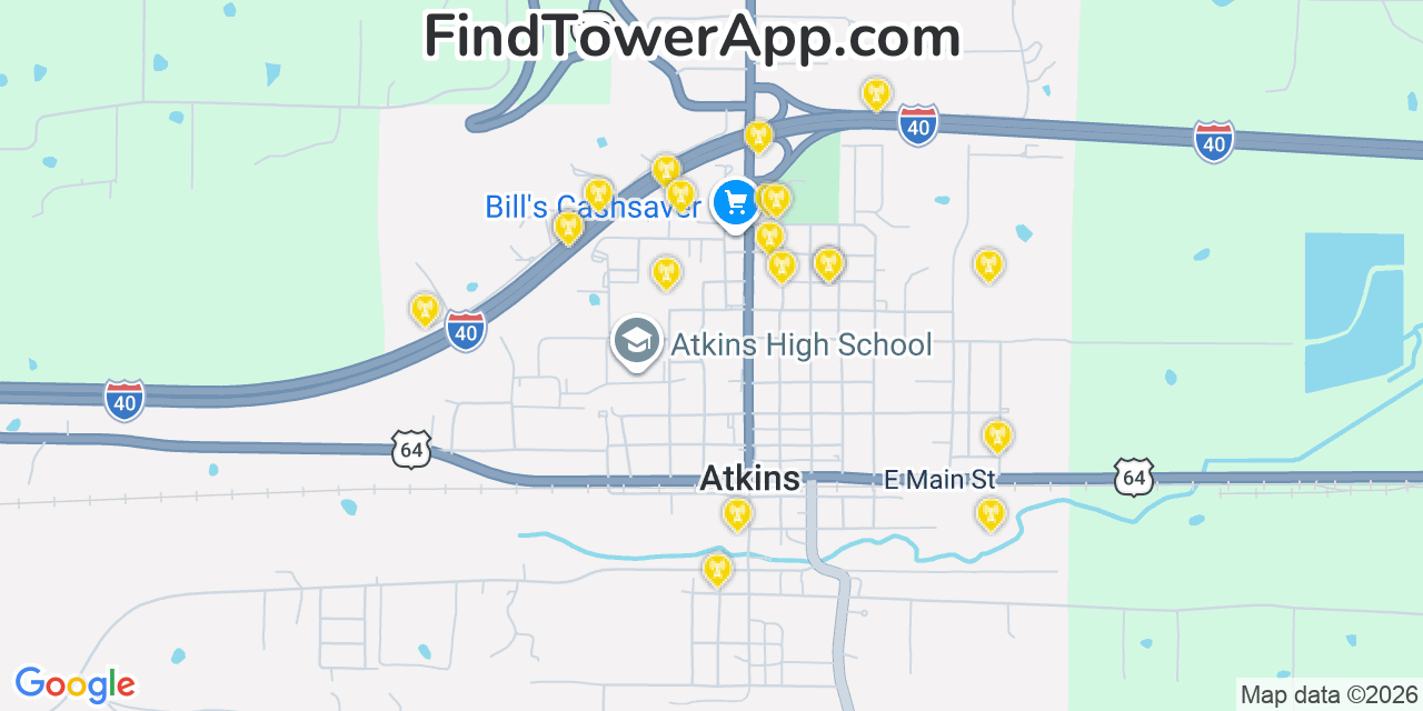 Map showing the 20 primary cell tower locations detected in Atkins, Arkansas from AT&T, Verizon, and T-Mobile networks