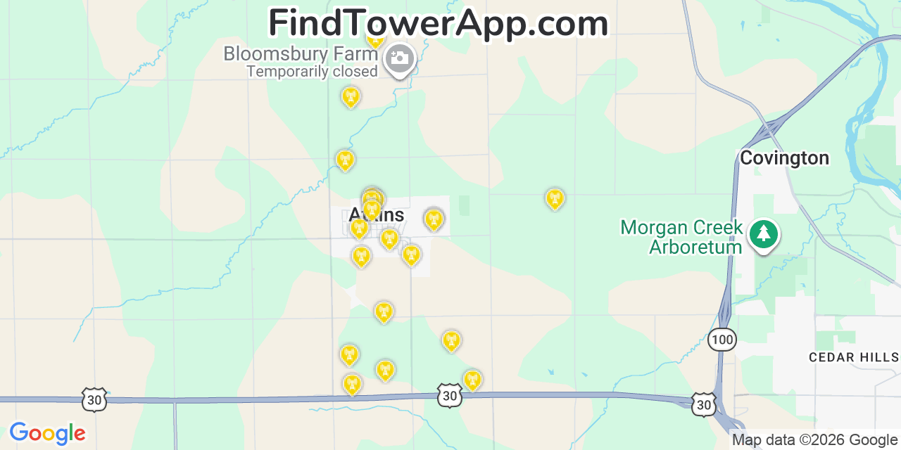 Map showing the 20 primary cell tower locations detected in Atkins, Iowa from AT&T, Verizon, and T-Mobile networks