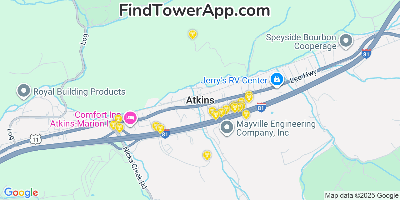 Map showing the 20 primary cell tower locations detected in Atkins, Virginia from AT&T, Verizon, and T-Mobile networks