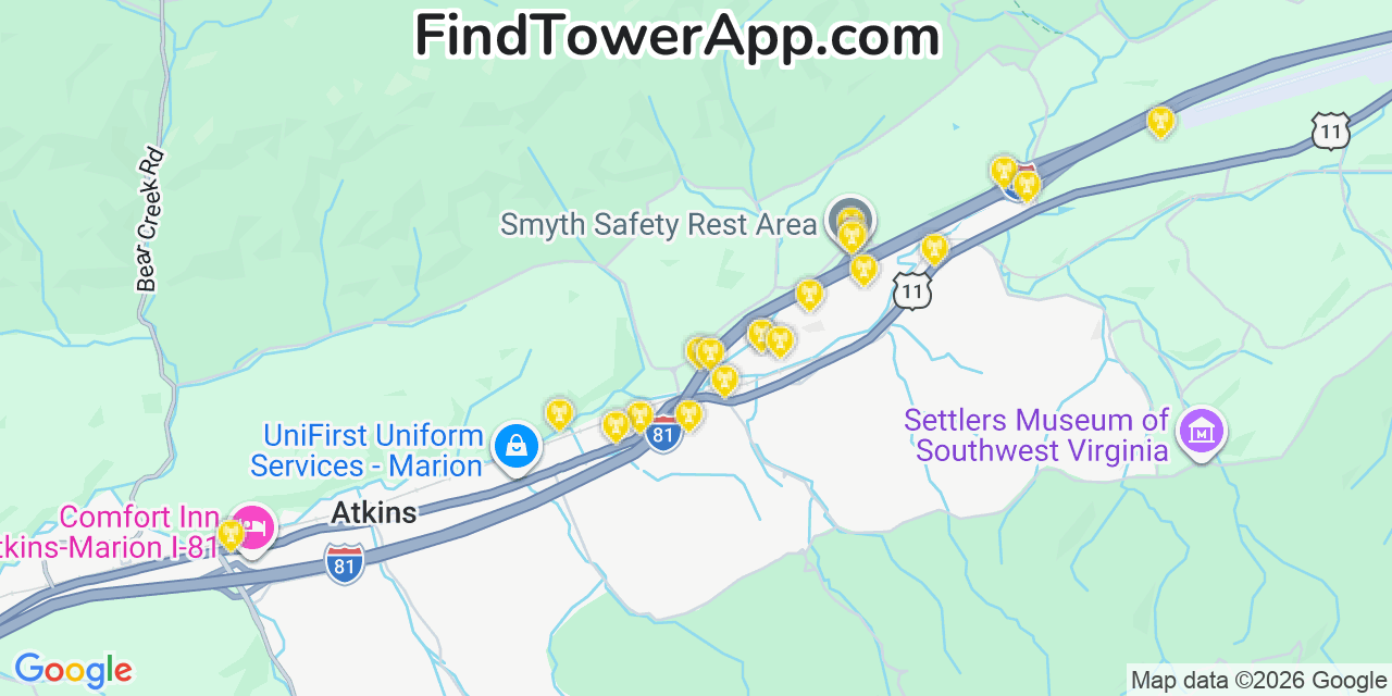 Map showing the 20 primary cell tower locations detected in Atkins, Virginia from AT&T, Verizon, and T-Mobile networks