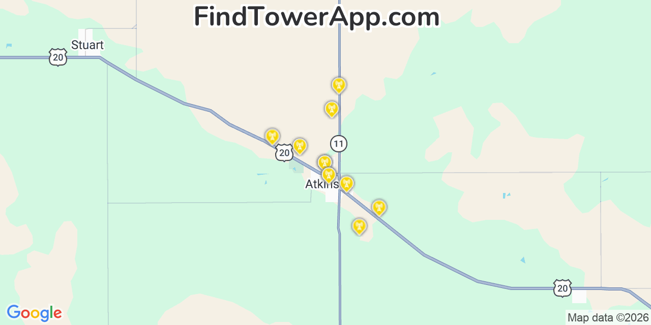 Map showing the 20 primary cell tower locations detected in Atkinson, Nebraska from AT&T, Verizon, and T-Mobile networks
