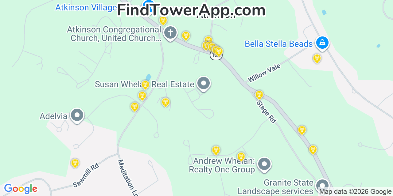Map showing the 20 primary cell tower locations detected in Atkinson, New Hampshire from AT&T, Verizon, and T-Mobile networks