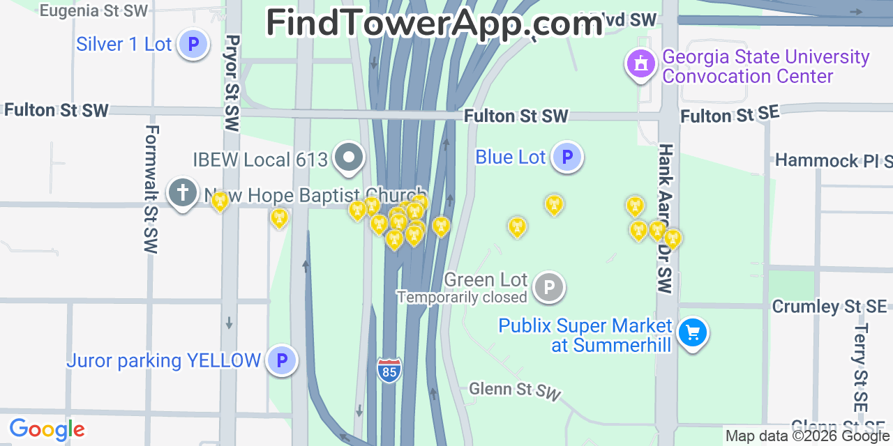 Map showing the 20 primary cell tower locations detected in Atlanta, Georgia from AT&T, Verizon, and T-Mobile networks