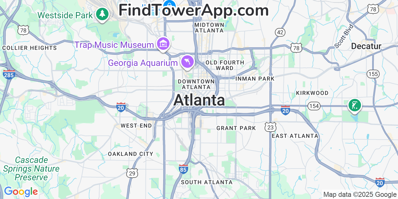 Map showing the 20 primary Mobitel cell tower locations detected in Atlanta, Georgia with coverage radius and signal strength indicators