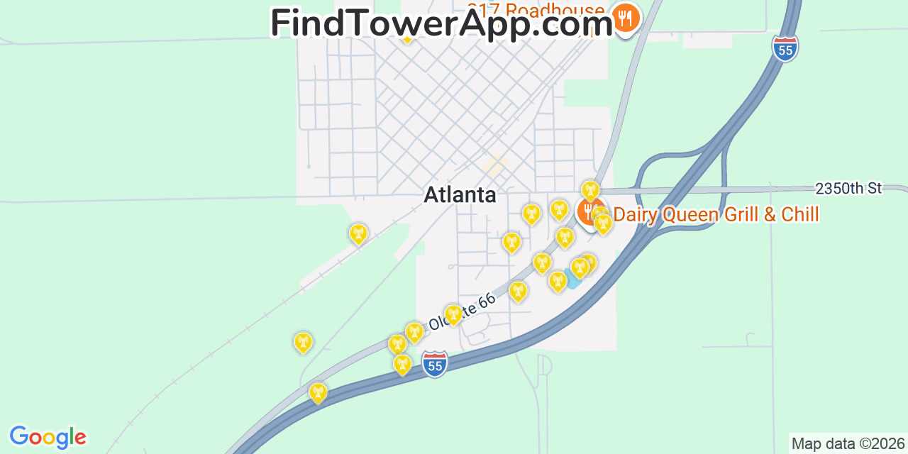 Map showing the 20 primary cell tower locations detected in Atlanta, Illinois from AT&T, Verizon, and T-Mobile networks