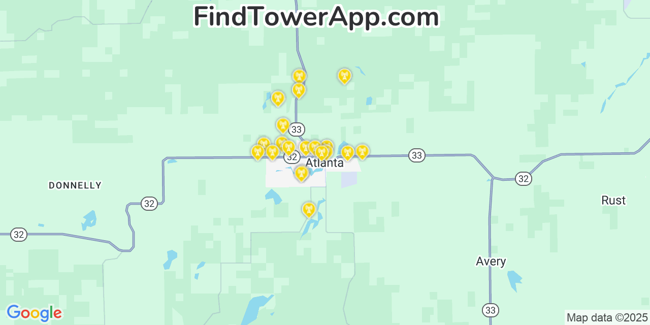 Map showing the 20 primary cell tower locations detected in Atlanta, Michigan from AT&T, Verizon, and T-Mobile networks