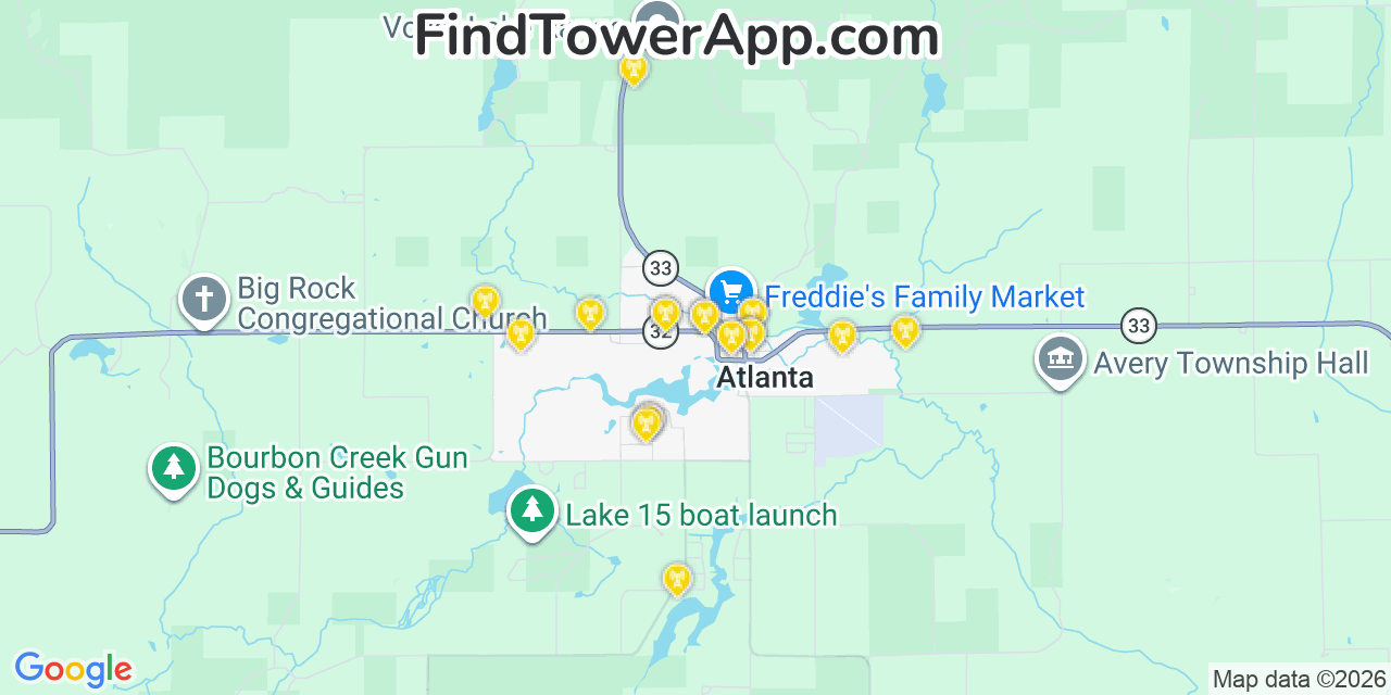 Map showing the 20 primary cell tower locations detected in Atlanta, Michigan from AT&T, Verizon, and T-Mobile networks