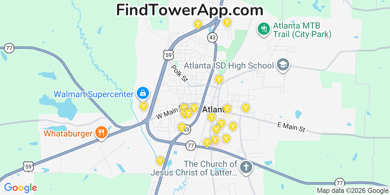 Map showing the 20 primary cell tower locations detected in Atlanta, Texas from AT&T, Verizon, and T-Mobile networks