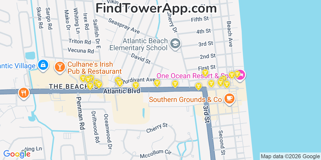 Map showing the 20 primary cell tower locations detected in Atlantic Beach, Florida from AT&T, Verizon, and T-Mobile networks