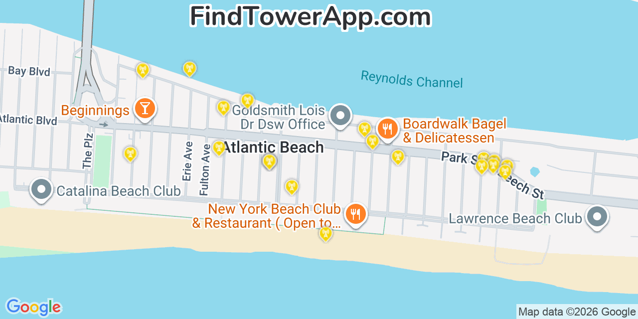 Map showing the 20 primary cell tower locations detected in Atlantic Beach, New York from AT&T, Verizon, and T-Mobile networks