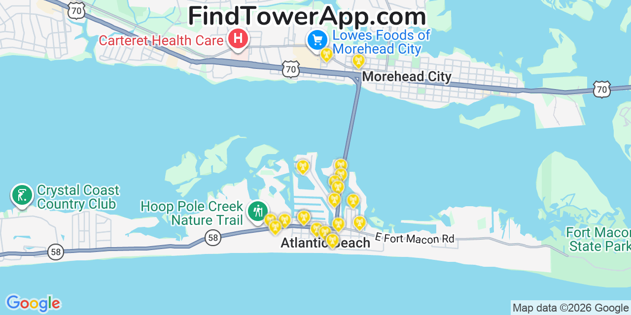 Map showing the 20 primary cell tower locations detected in Atlantic Beach, North Carolina from AT&T, Verizon, and T-Mobile networks