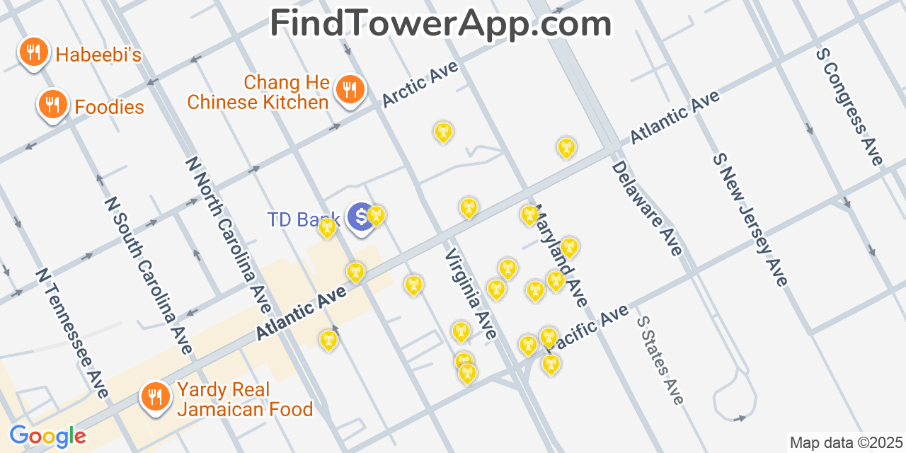 Map showing the 20 primary cell tower locations detected in Atlantic City, New Jersey from AT&T, Verizon, and T-Mobile networks