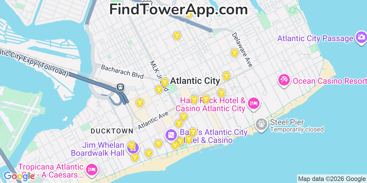 Map showing the 20 primary cell tower locations detected in Atlantic City, New Jersey from AT&T, Verizon, and T-Mobile networks