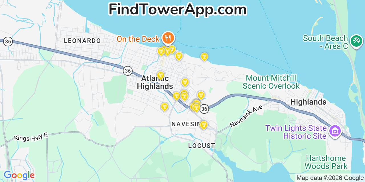 Map showing the 20 primary cell tower locations detected in Atlantic Highlands, New Jersey from AT&T, Verizon, and T-Mobile networks