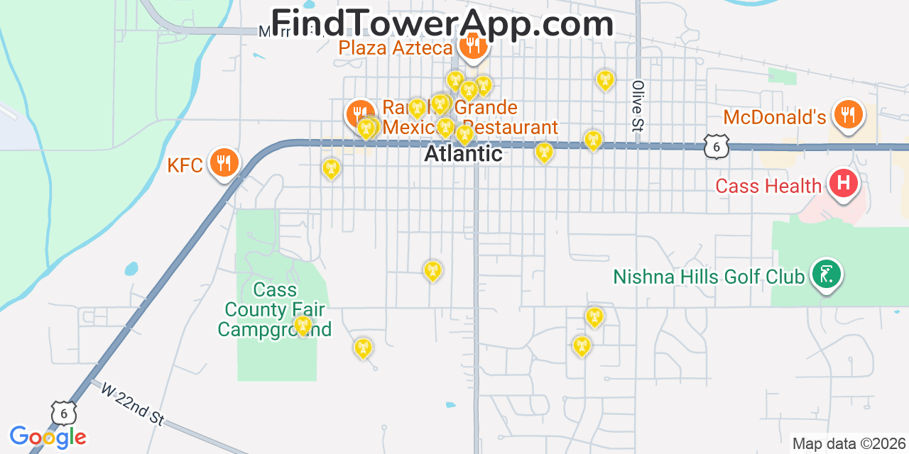 Map showing the 20 primary cell tower locations detected in Atlantic, Iowa from AT&T, Verizon, and T-Mobile networks