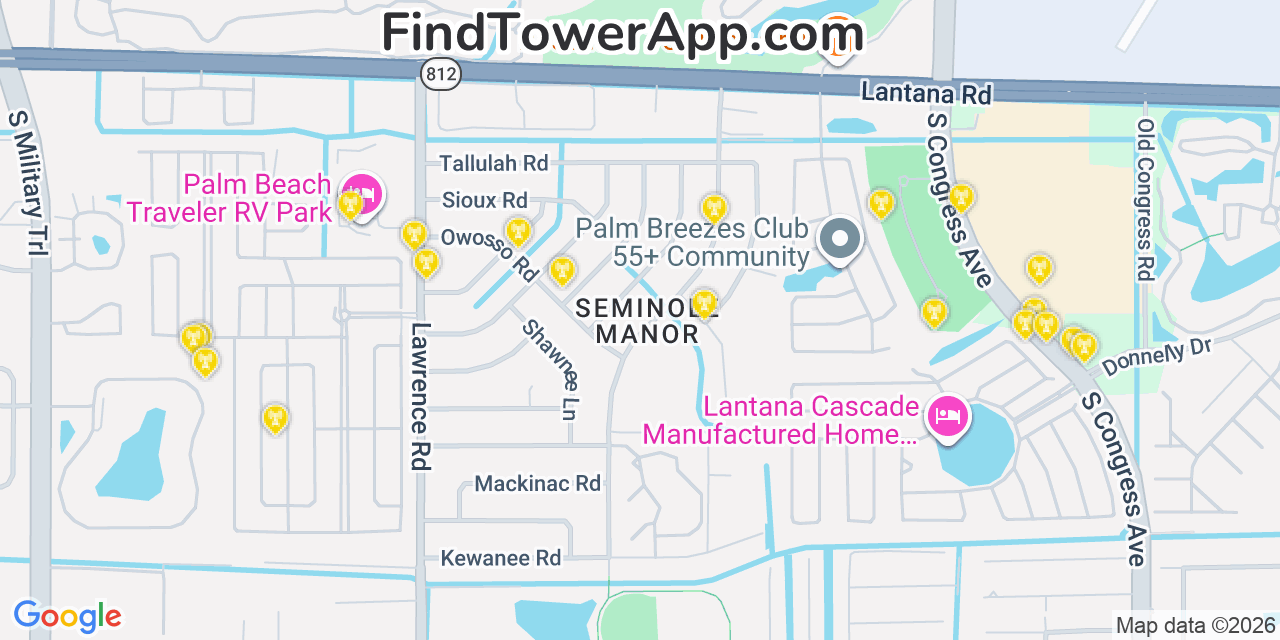 Map showing the 20 primary cell tower locations detected in Atlantis, Florida from AT&T, Verizon, and T-Mobile networks