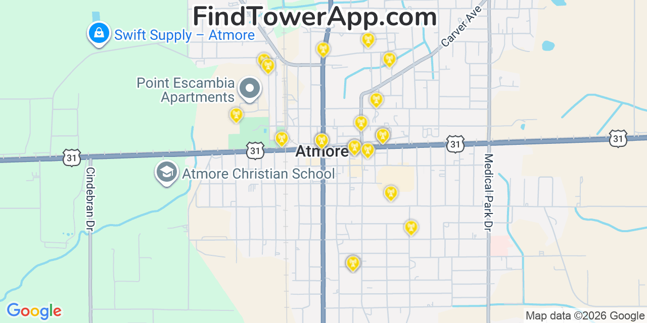 Map showing the 20 primary cell tower locations detected in Atmore, Alabama from AT&T, Verizon, and T-Mobile networks