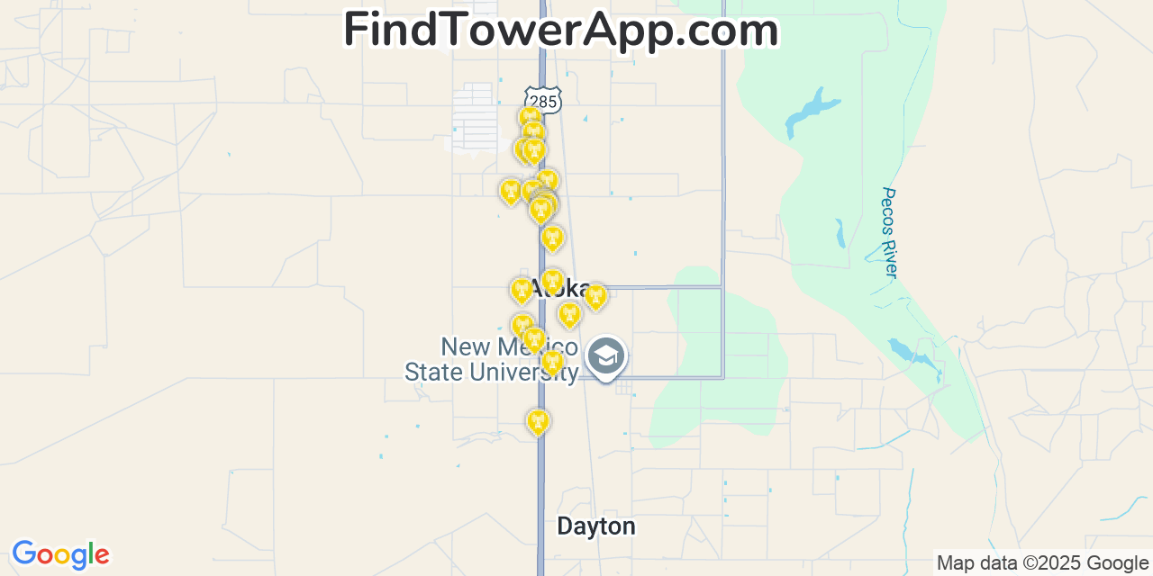 Map showing the 20 primary cell tower locations detected in Atoka, New Mexico from AT&T, Verizon, and T-Mobile networks