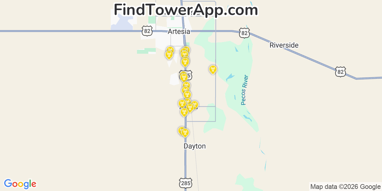 Map showing the 20 primary cell tower locations detected in Atoka, New Mexico from AT&T, Verizon, and T-Mobile networks