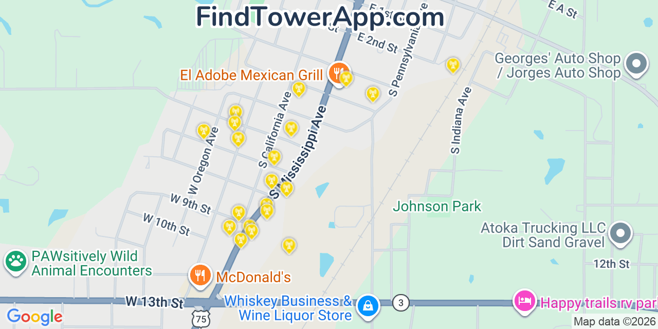 Map showing the 20 primary cell tower locations detected in Atoka, Oklahoma from AT&T, Verizon, and T-Mobile networks