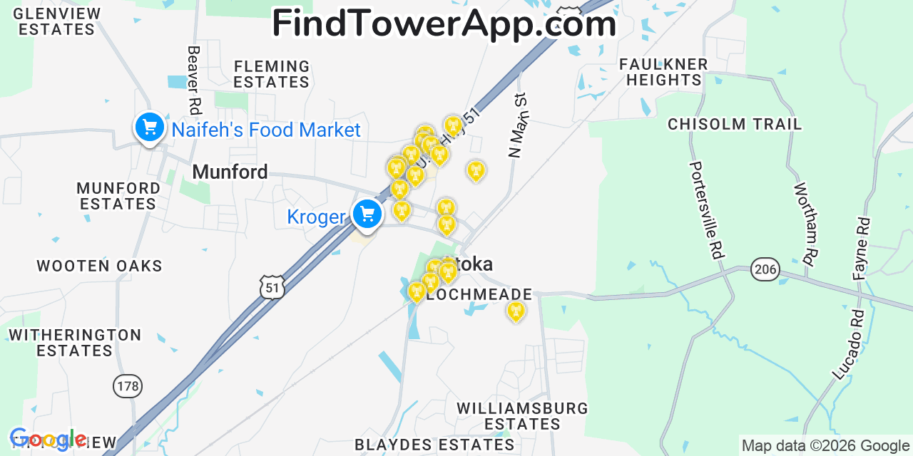 Map showing the 20 primary cell tower locations detected in Atoka, Tennessee from AT&T, Verizon, and T-Mobile networks