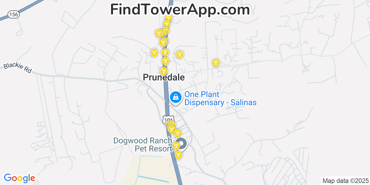 Map showing the 20 primary AT&T cell tower locations detected in Att, Prunedale Calif with coverage radius and signal strength indicators