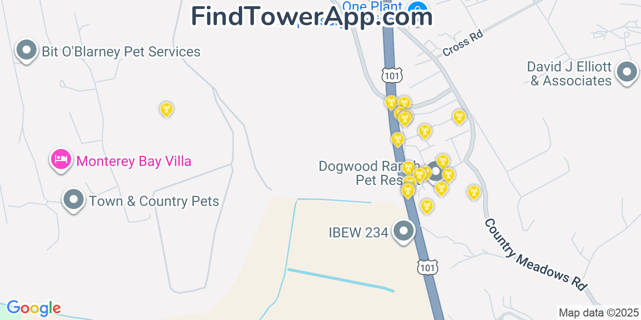 Map showing the 20 primary cell tower locations detected in Att, Prunedale Calif from AT&T, Verizon, and T-Mobile networks