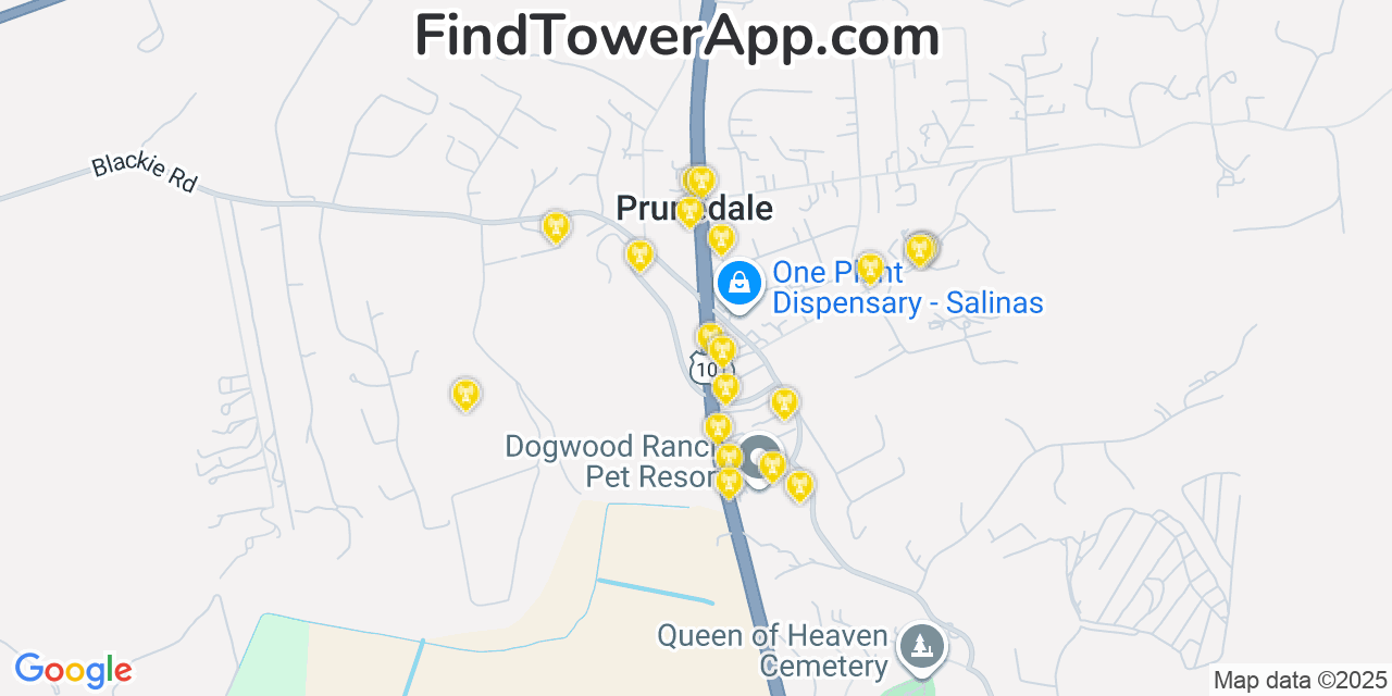 Map showing the 20 primary T-Mobile cell tower locations detected in Att, Prunedale Calif with coverage radius and signal strength indicators