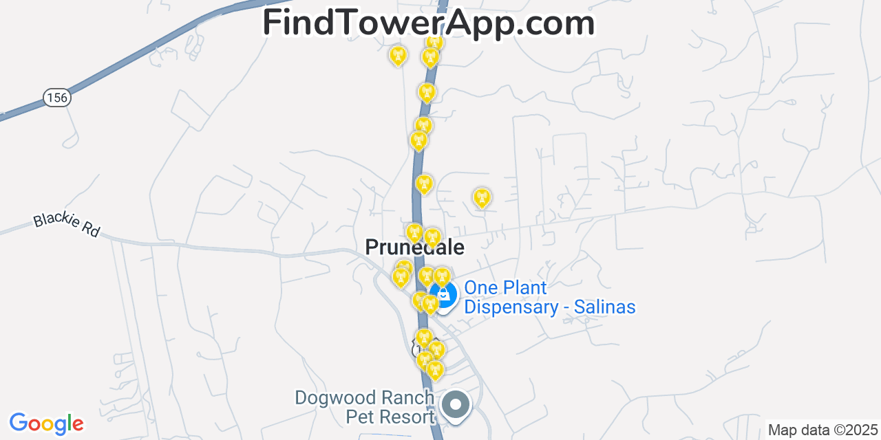 Map showing the 20 primary Verizon cell tower locations detected in Att, Prunedale Calif with coverage radius and signal strength indicators