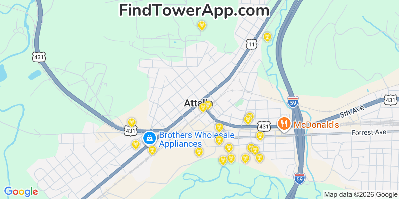 Map showing the 20 primary cell tower locations detected in Attalla, Alabama from AT&T, Verizon, and T-Mobile networks