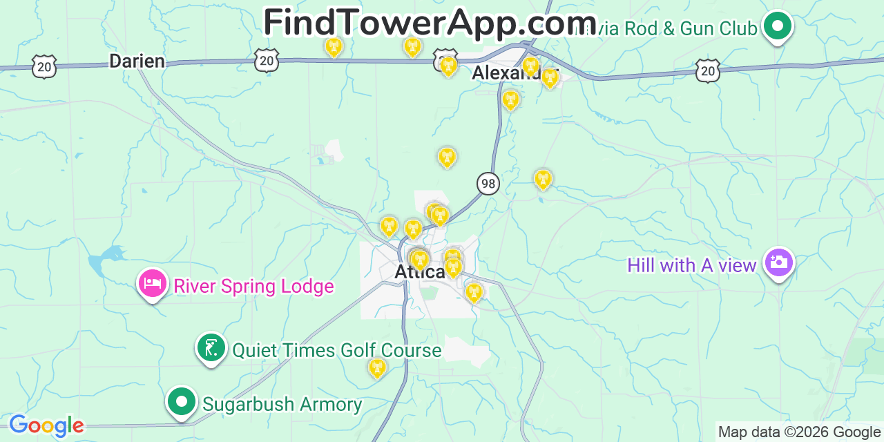 Map showing the 20 primary cell tower locations detected in Attica, New York from AT&T, Verizon, and T-Mobile networks